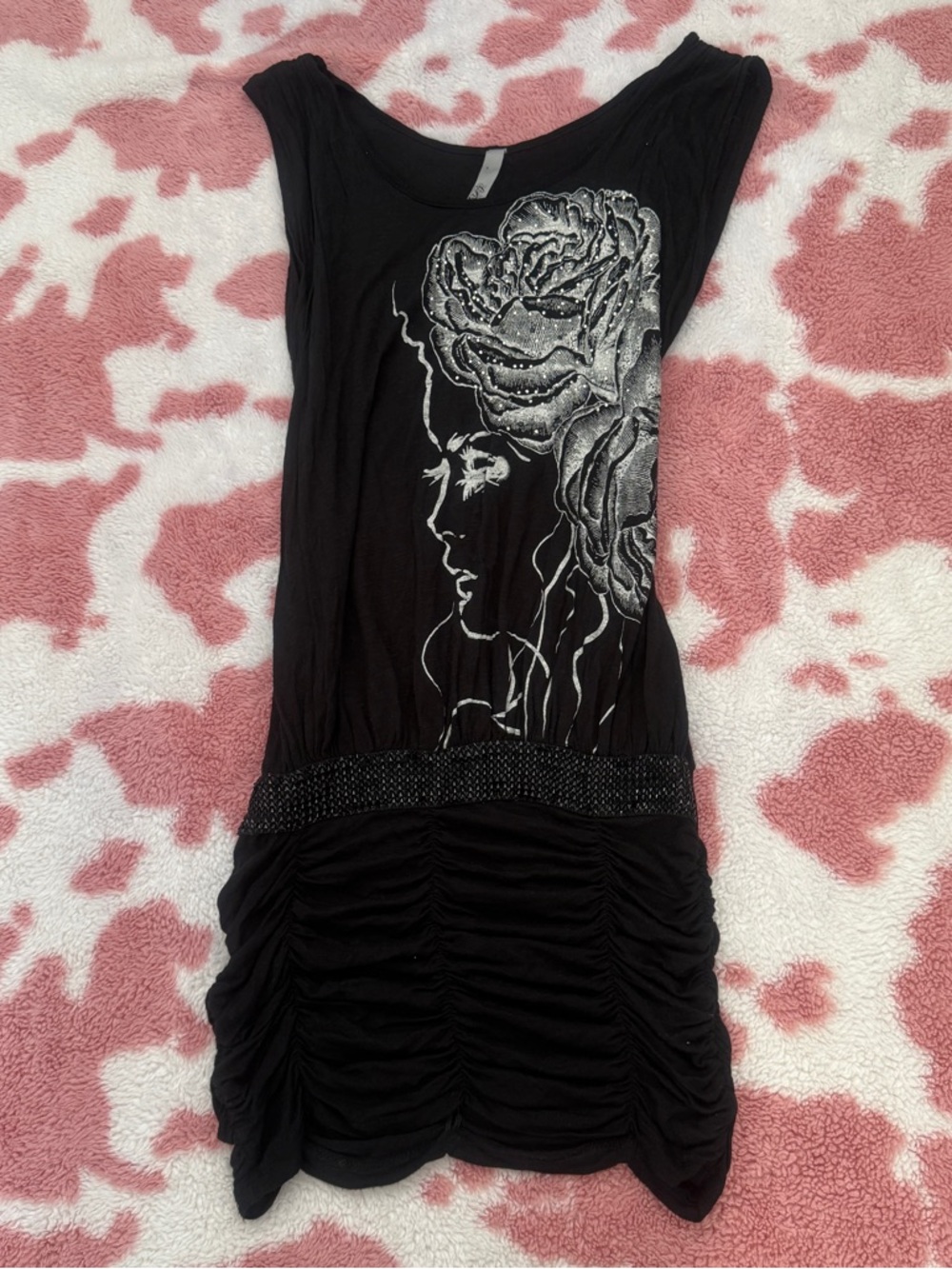 Y2K Glam Black Ruched Mini Dress W Rhinestone Rose Graphic Edgy Fairycore Dress